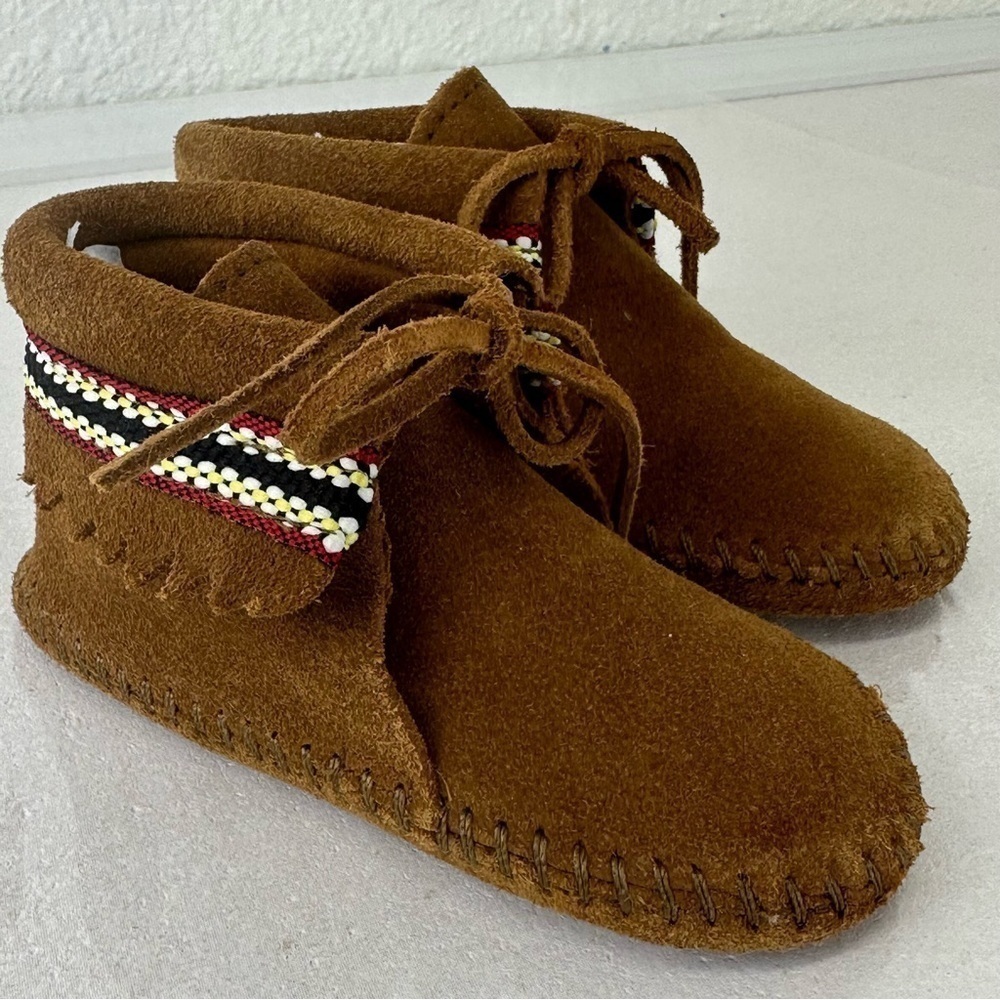MINNETONKA Moccasins Suede Braid Bootie Brown Infant Size 6 Boots Leather